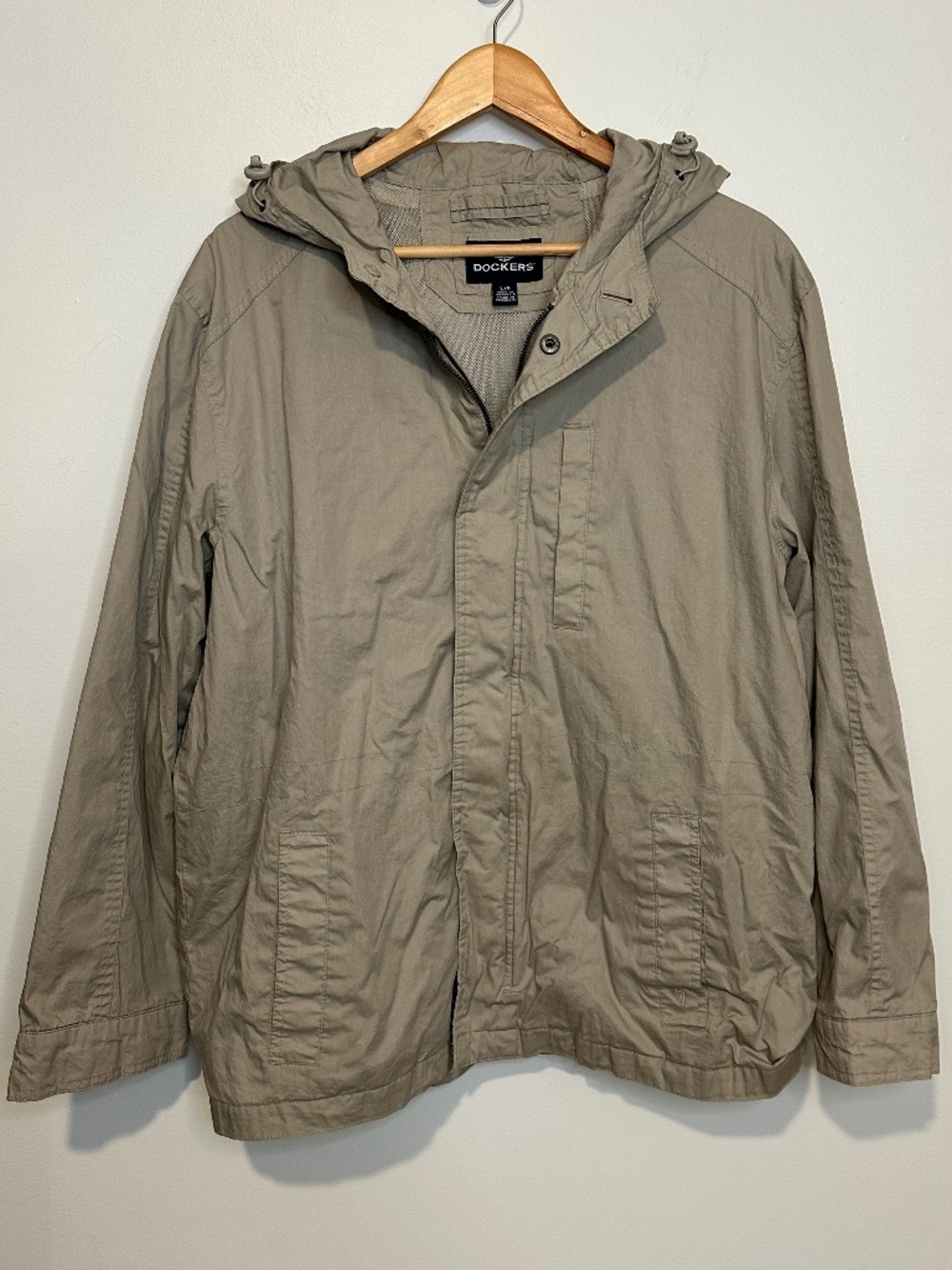 Dockers Jacket Mens L Beige Tan Hooded Full Zip Utility Field Windbreaker Coat